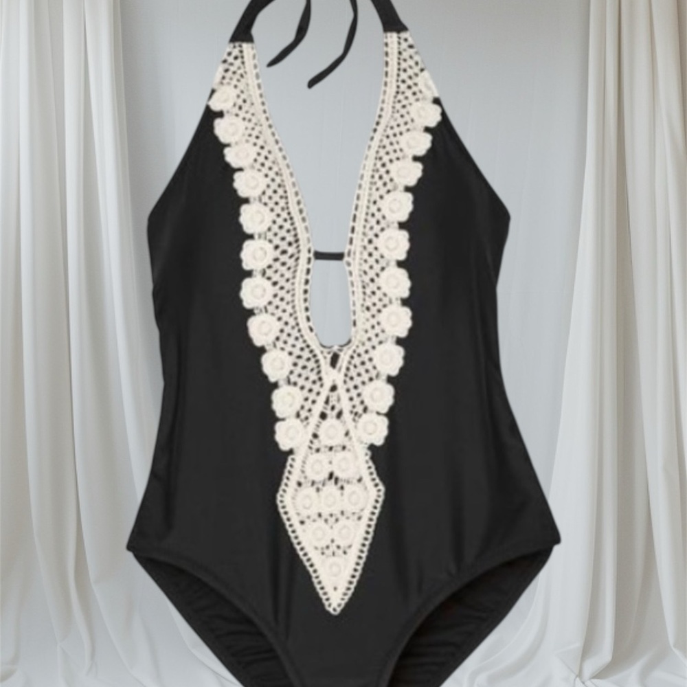Kona Sol Elegant Black and Cream One Piece with Crochet Detail